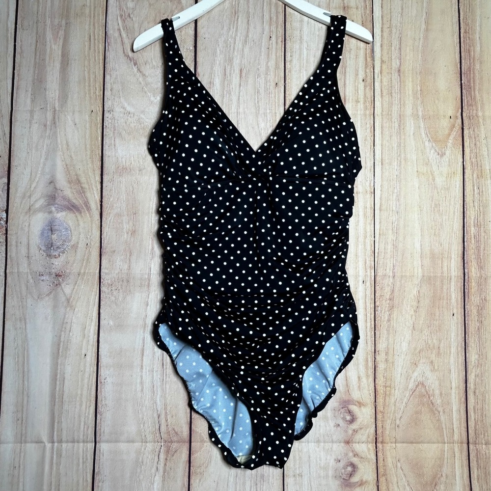 Trimshaper One Piece Swimsuit Womens 16 Black Polka Dot Ruched Retro Pinup‎